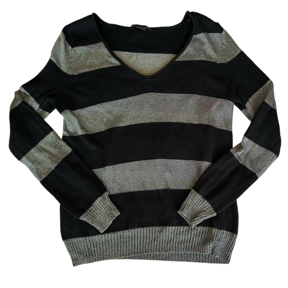 Armani Exchange Sweater Womens Size Small Black Silver Metallic Mesh Y3K Striped